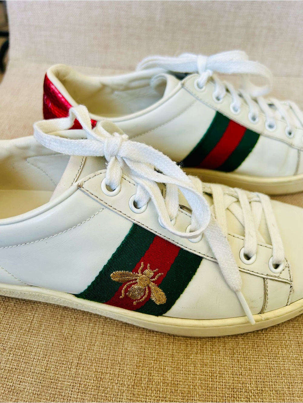 Gucci White Leather Sneakers with Green and Red Web and Gold Bee Accent